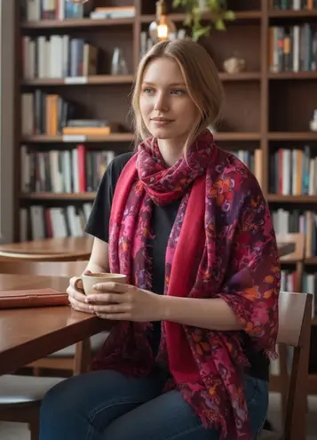 Johnston & Murphy Floral Abstract Scarf Red Pink Multi Fringe Wrap NWOT - Image 1