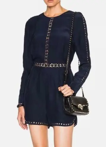 JONATHAN SIMKHAI | Silk Navy Blue Crossbar Romper Jumpsuit | Size Medium