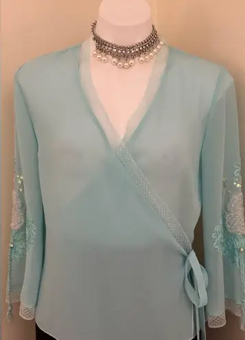 Together NWT Blue & White Sheer Floral Sequence Wrap Tie On Side Blouse Sz 8.