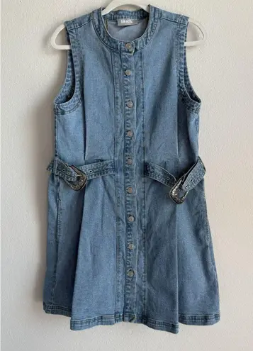 Blue B Denim Mini Dress Belt Buckle Straps Womens Large Festival Concert Western