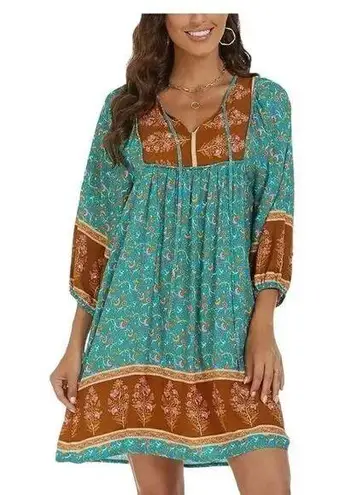 Qearal Womens Casual V Neck 3/4 Sleeve Boho Floral Loose Short Mini SZ S #1994 Brown