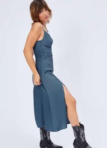 Cider NWT SOLID COWL NECK SLIT MIDI DRESS side row of buttons, in blue size S