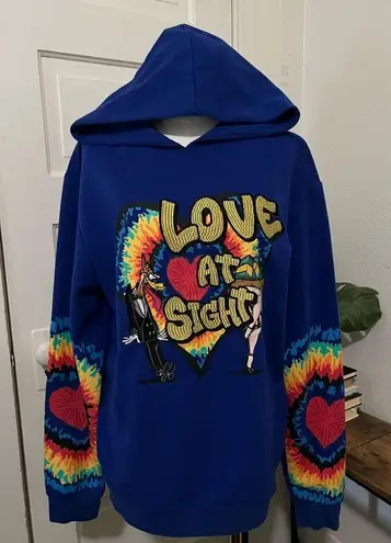 Blue Hoodie with Love at First Sight Graphic Vintage Sweater Tyedye sz Large