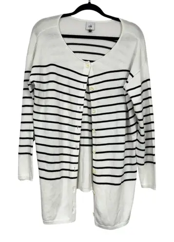 CAbi  White Black Striped Button Down Cardigan Sweater Womens M Duster Preppy - Image 1