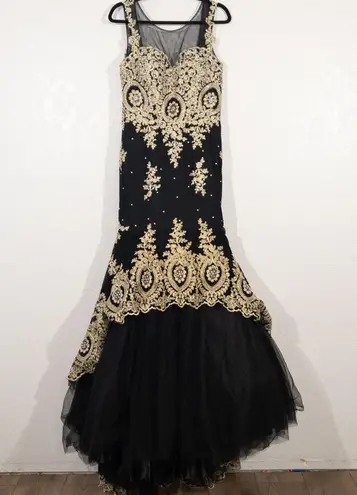 Lucci Lu NWT Abby Paris Black Gold Tulle Mermaid Crystal Embellished Gown 10