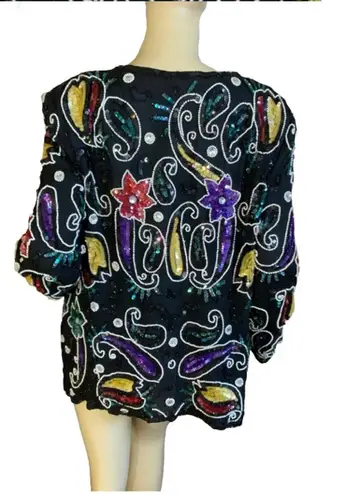 VINTAGE CIRCA 1980'S AVALON BLACK W/COLORFUL SEQUINS SILK OPEN