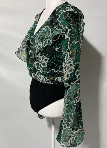 Band Of The Free New Floral Flare Long Sleeve Bodysuit Black Emerald Size Medium