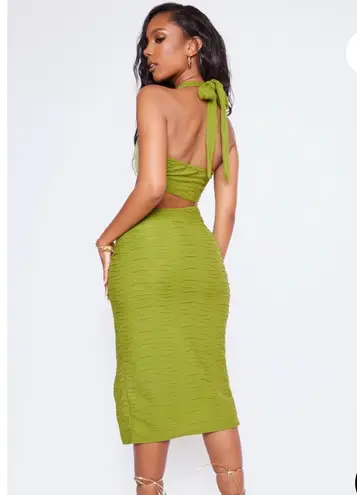 Pretty Little Thing Olive Textured Cross Halterneck Cut Out Midi Dress