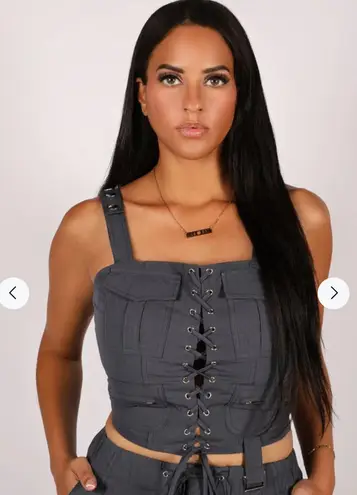 Win Win Women’s M Lace Up Corset Crop Top Bikercore Grunge Buckle Slate Gray New