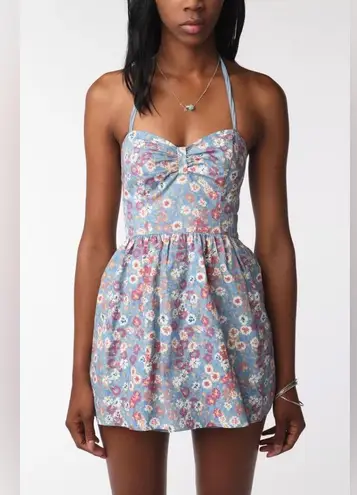Urban Outfitters Pins and Needles Halter Skirted Romper Blue Floral Summer Large