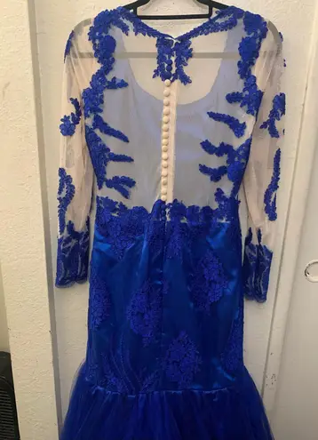 Custom Blue Transparent Embroidered Long Sleeve Chiffon Mesh Ball Gown Dress Size XL