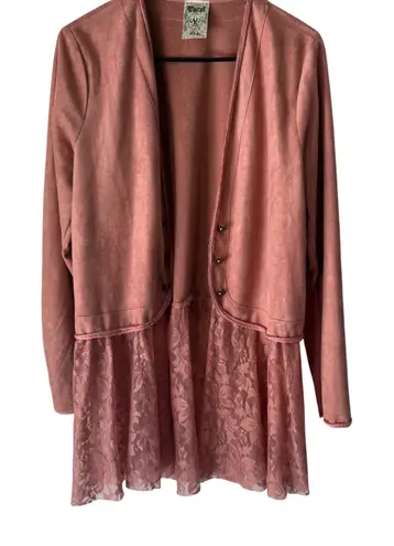 Vocal USA Rose Faux Suede Lace Trim Long Slv Open Front Cardigan Western Boho