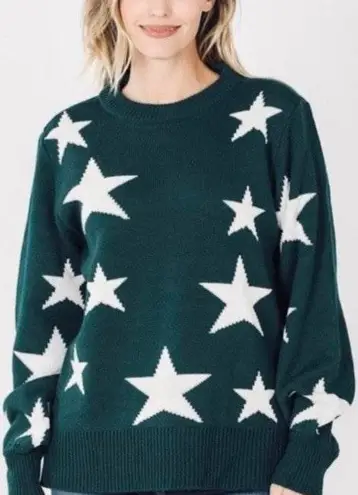 Zenana Hunter Green Star Knit Sweater + Bonus Mask