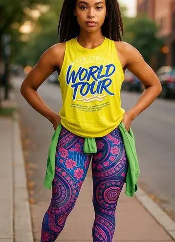 Zumba World Tour Workout Tank Top Lime Green Yellow Blue L