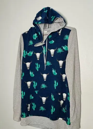 12PM by Mon Ami Cowboy Cactus Cow Skull Gray Blue Long Sleeve Pullover Hoodie size Medium