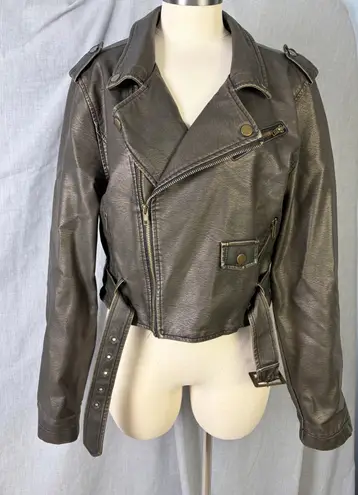 Stoosh Faux Leather Cropped Moto Jacket Brown XL Belted Biker Zip Short Coat - Image 1