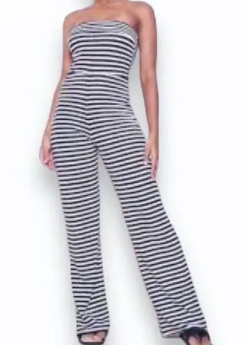 Striped strapless palazzo jumpsuit, Navy blue white stretch knit tube top & belt