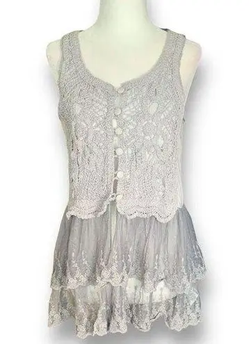 Cecico Top Gray Crocheted Gauzy Sheer Mesh Layered Tank Size Medium Boho