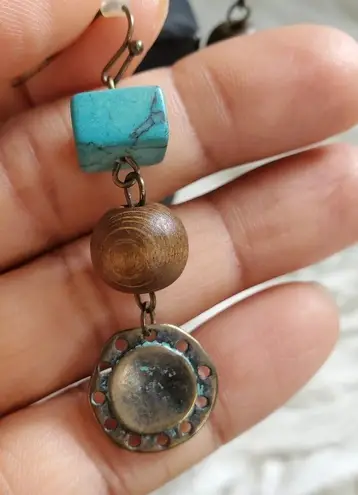 Lightweight Aztec Bohemian Stone Wood Metal Dangle Earrings