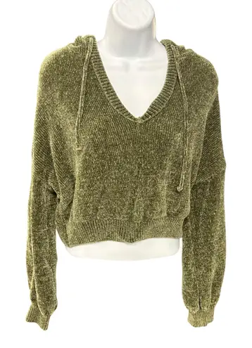 Olive Green Nikka K Chenille Knit V Neck Drawstring Hooded Crop Pullover Hoodie Size M