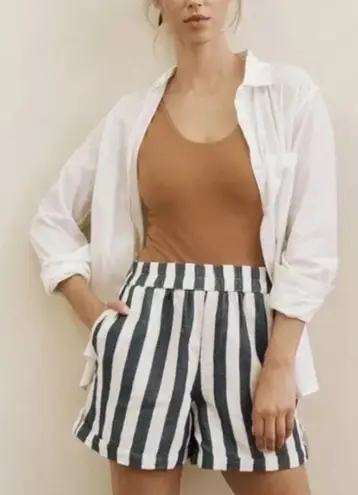 Pact The Harbor Tab Shorts in Mariner Stripe Organic Cotton Linen Medium Blue