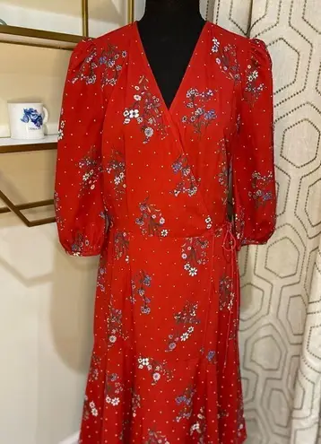 Chelsea28 Floral Dot Print Tiered Wrap Dress in Dusty Red SZ 6