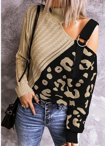Long Sleeve Cold Shoulder Turtleneck Knit Pullover Sweater Leopard Khaki Black Multiple Size XXL