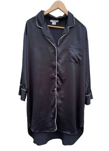 Natori Satin Sleep Shirt White Trim Black Pajama Nightgown Size Medium EUC