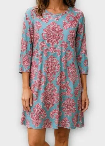 Caribbean Joe Teal Blue & Pink Floral Asymmetric 3/4 Sleeve Dress Size L