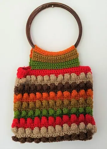 Vintage Multicolor Granny Crochet Bag with Acrylic Handles Vintage