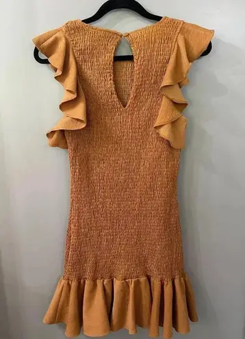 C/MEO COLLECTIVE Expired Mini Dress Smocked Dress Ruffles Gold Size Large US 8