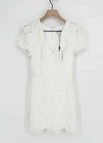 Milly NEW Atalie 3D Floral Lace Dress V-Neck Puff Sleeve in White Women's 0
