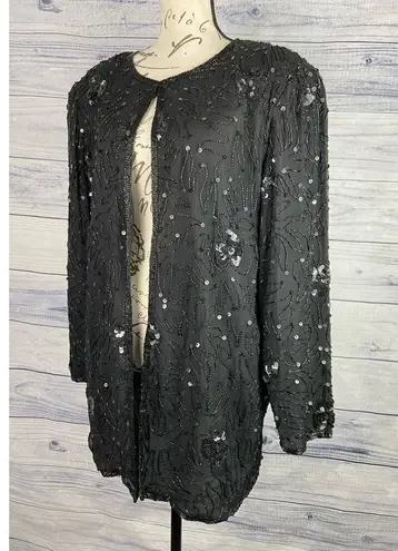 Royal Feelings Silk Cardigan Women M Black Lined Bead Sequin Shoulder Pad Formal Size M