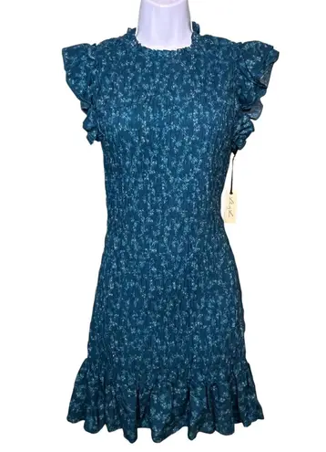 Liberty Love Dress Womens Large Blue Ruffle Mini Floral Smocked Cap Sleeve New