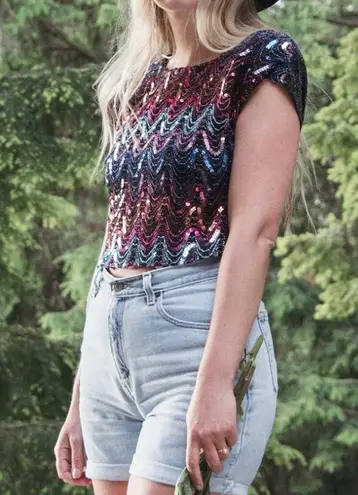 Vintage 80s / 90s Sequin Sparkly Disco Short Sleeve Blouse Multiple Size M