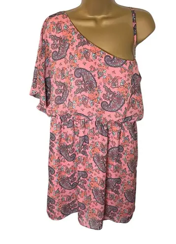 Vanity Asymmetrical Dress Batwing Sleeve Spaghetti Strap Paisley Pink XL