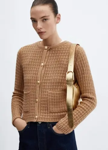 Mango  tan caramel waffle Knit Cardigan with Gold Buttons - Image 1