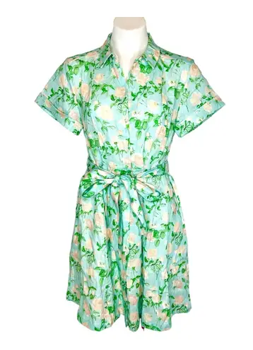 New HILL HOUSE HOME Blue Roses Linen Laura Dress Size Small Button Front Belted