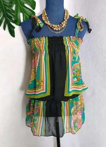 Vintage Sheer Scarf Tiered Blouse Top Green