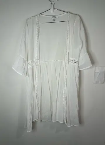 LIFE Love Is For Eternity White Boho Kimono Cover Up Cardigan Crochet Trim Med
