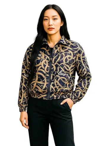 Vintage Bogari 100% Silk Jacket Navy, Beige, and Gold Zip Up Women's Size Medium Blue