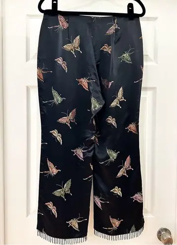 Vintage Black Satin Butterfly Embroidered Beaded Fringe high Waist Pant Size 6