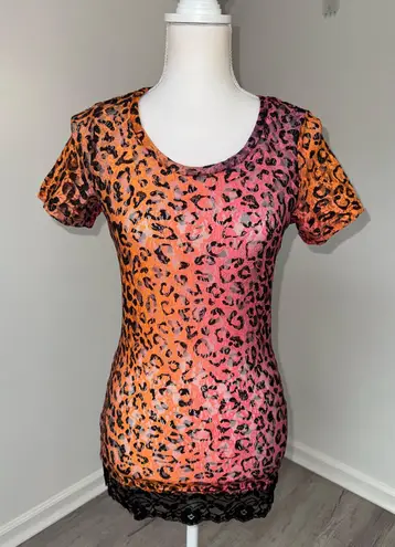 BKE Leopard Mesh Mini Dress Pink Orange Sheer Lace Hem Clubwear Size Small Y2K