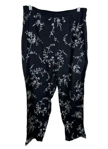 Robbie Bee Vintage Black Linen Elastic Pants White Floral Embroidery Size 8