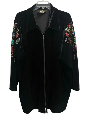 Bob Mackie Vintage Black Velvet Jacket Full Zip 2X Jewels Art To Wear Colorful
