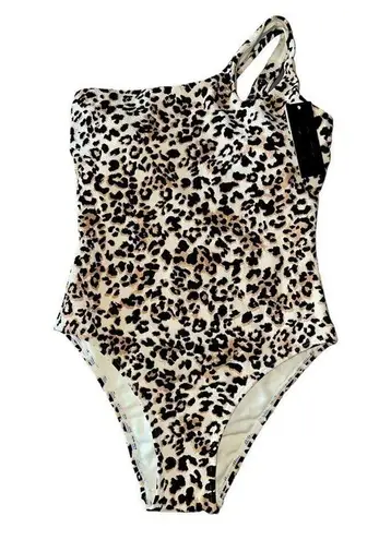 Ibiza Leopard One Piece Double Single Shoulder Strap Swimsuit size Small NEW Brown