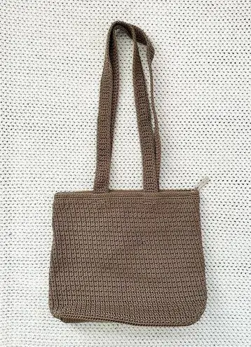 The Sak Classic Crochet Beige Khaki Tan Long Handle Medium Shoulder Bag Zip