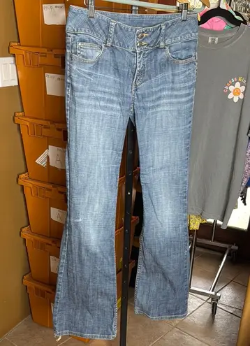 London Jean Low Rise Flare Wide Leg Medium Wash Blue Jeans Size 8