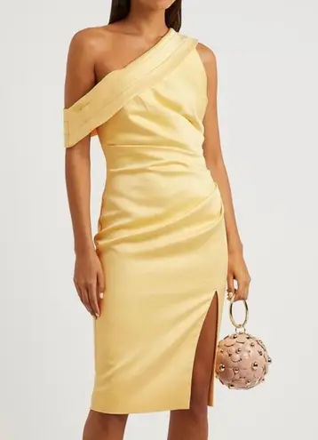 Lavish New  Alice Yellow One Shoulder Pleated Satin Midi Dress With Slit Size 4