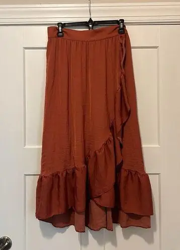Elle Satin Feel High Low Ruffle Maxi Skirt Elastic Waist Rust Boho Size Large